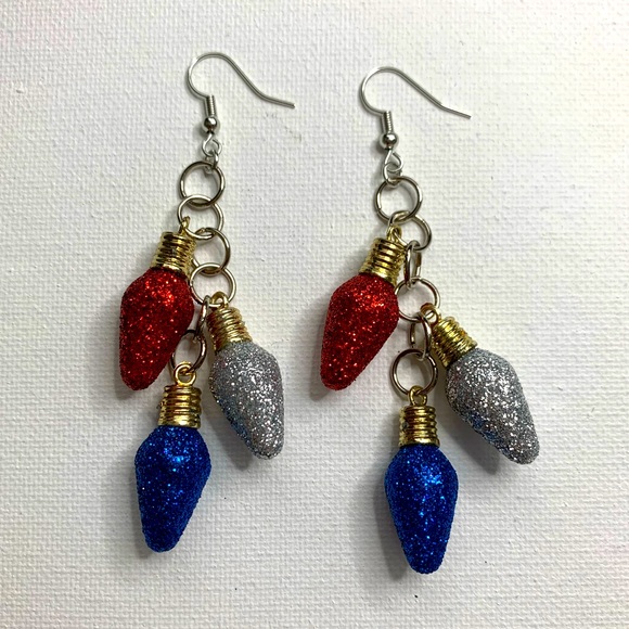 Dynamic Duo Designs Jewelry - Christmas Glitter light bulb earrings in red silver & blue